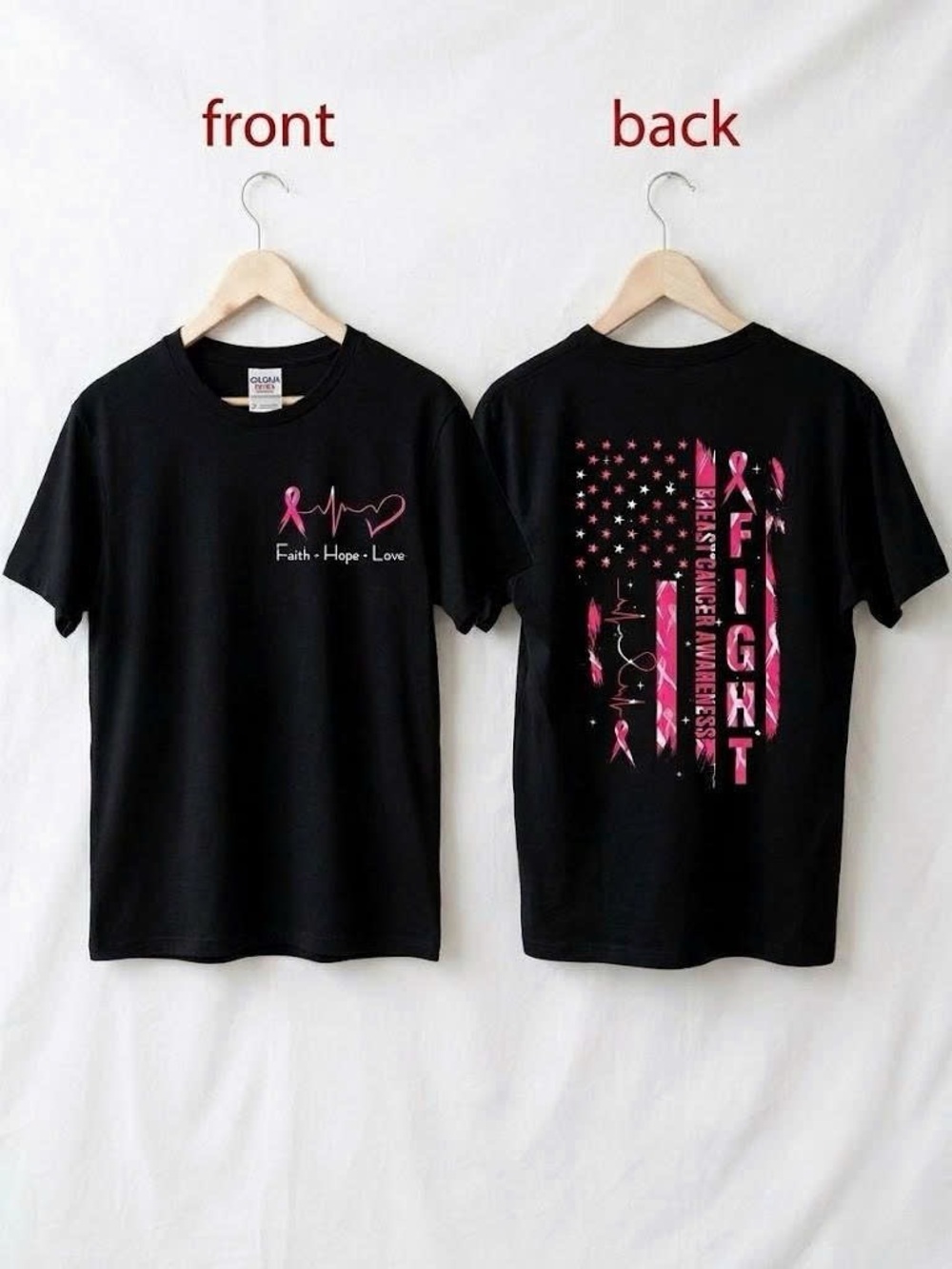 Breast Cancer Awareness American Flag T-Shirt Pink Ribbon Fight Tee 2 Sided